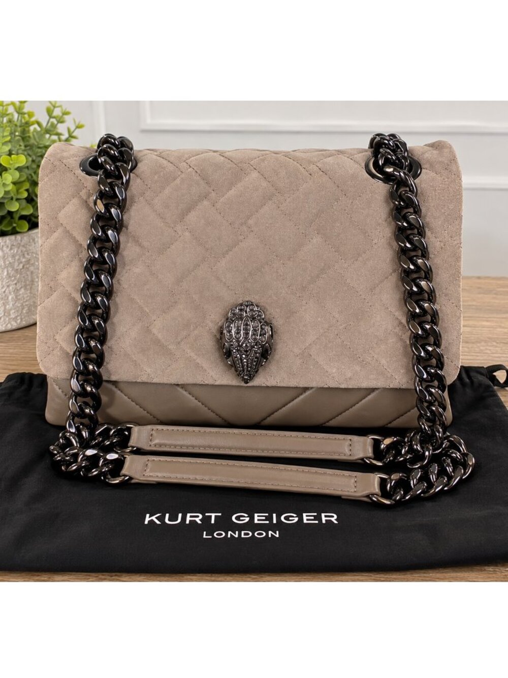 Kurt Geiger London Kensington Quilted Suede Leather Shoulder Bag Taupe